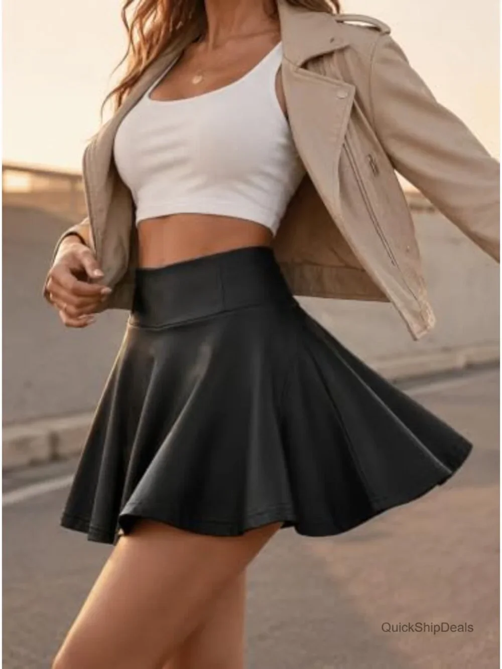 Faux Leather Flared Mini Skirt High Waisted Stretchy PU Skort